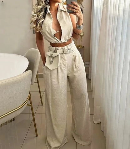 Conjunto Calça Pantalona com blusinha decote em V
