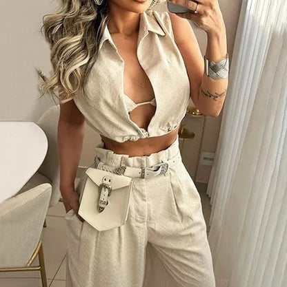 Conjunto Calça Pantalona com blusinha decote em V